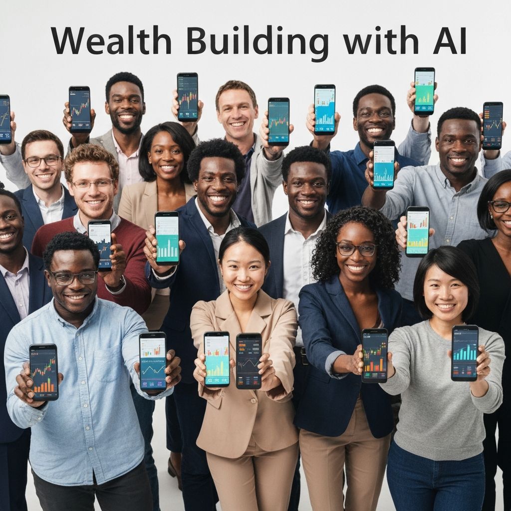 Happy group of mostly Black individuals holding phones showing AI trading charts